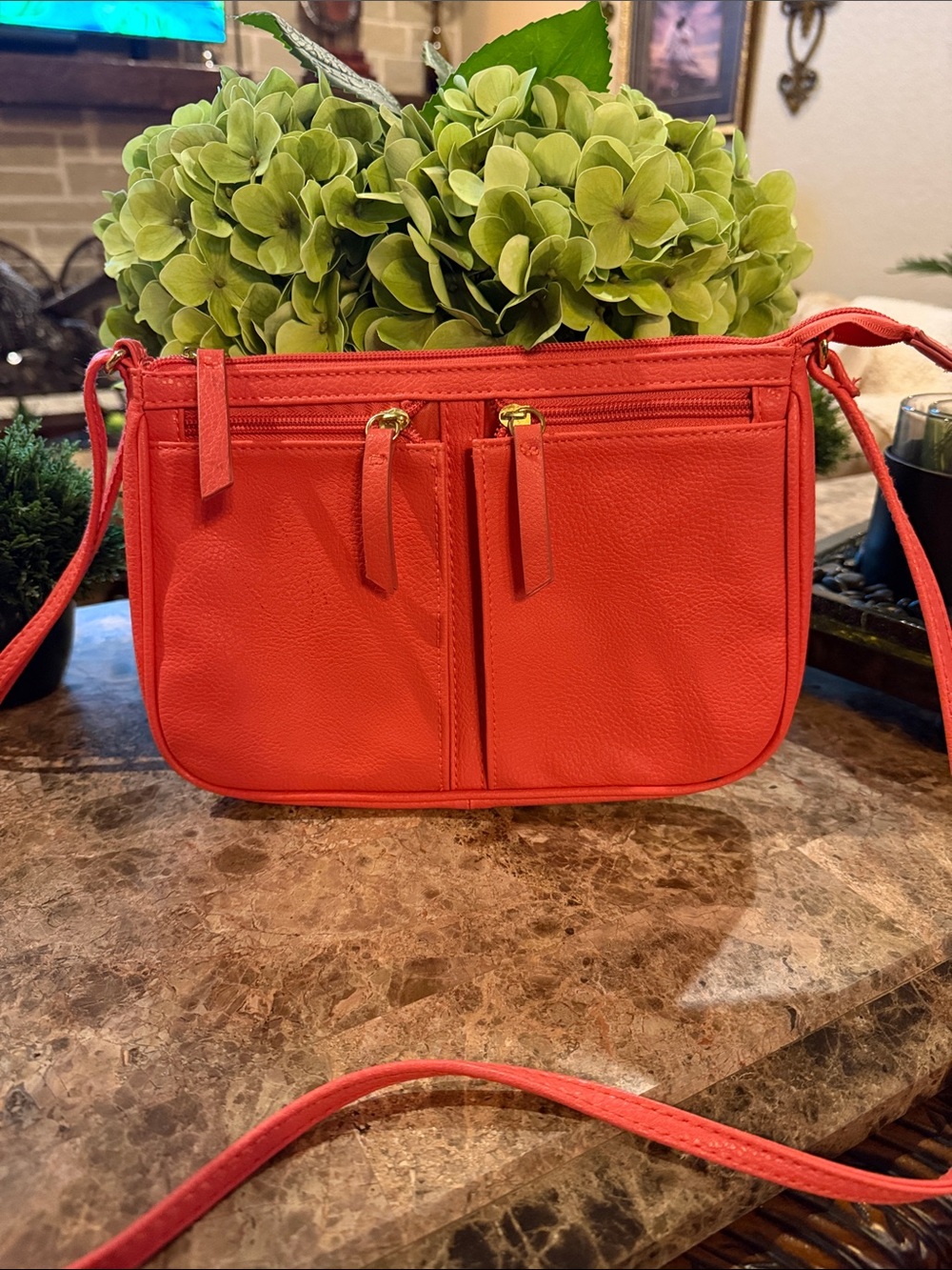 Compact Coral Crossbody Bag with Front Zip Pockets 10 X 7 inches